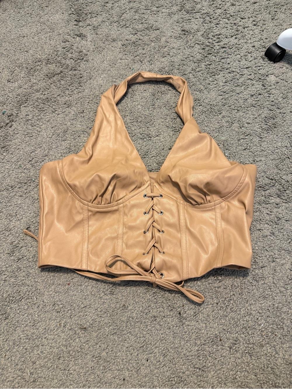 Windsor Tan Faux Leather Halter Lace-Up Crop Top